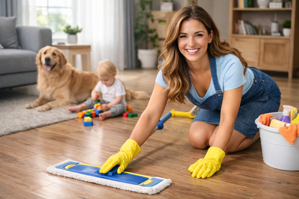 Mulher linda e sorridente limpando o chão da sala em casa, com criança brincando e cachorro ao fundo, em ambiente realista e acolhedor, representando rotina de limpeza semanal para famílias com pets.