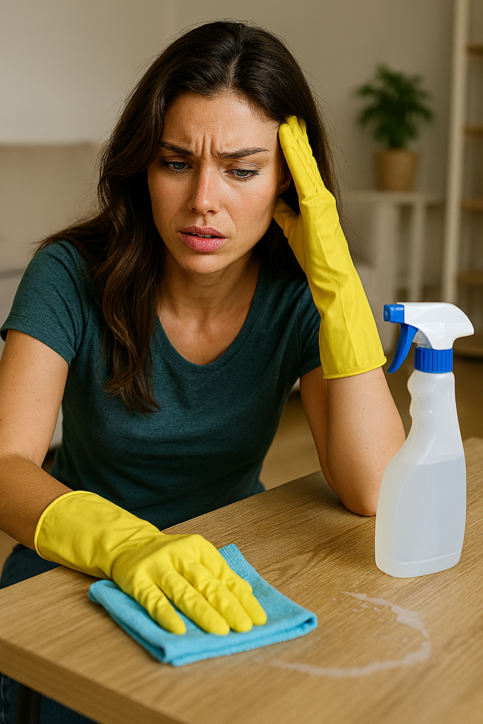 Uma mulher jovem e extremamente bonita aparece em um ambiente doméstico moderno, demonstrando frustração enquanto limpa uma mesa de madeira. Com luvas amarelas e um pano azul, ela esfrega a superfície úmida ao lado de um borrifador branco e azul. Sua expressão preocupada e o gesto de apoiar a cabeça indicam que algo deu errado na limpeza — talvez o uso inadequado de produto ou técnica. A cena transmite um momento de reflexão sobre erros comuns na rotina de cuidados com a casa.