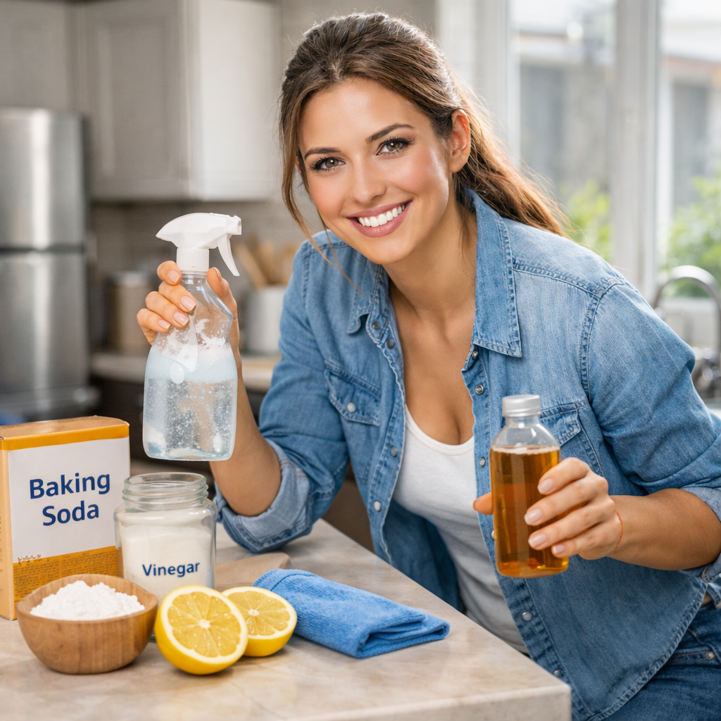Mulher jovem, linda e sorridente preparando misturinhas caseiras de limpeza na cozinha moderna, com vinagre, bicarbonato e produtos naturais para higienização eficiente da casa.