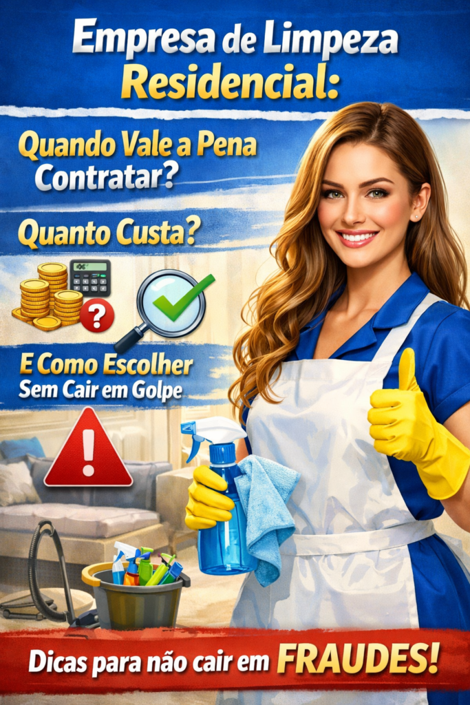 Mulher sorridente, jovem e bem-apresentada, usando uniforme de limpeza profissional e luvas, segurando balde com produtos de limpeza em uma sala de estar clara e organizada, ilustrando o tema empresa de limpeza residencial, contratação de serviços de faxina e limpeza profissional de casas.