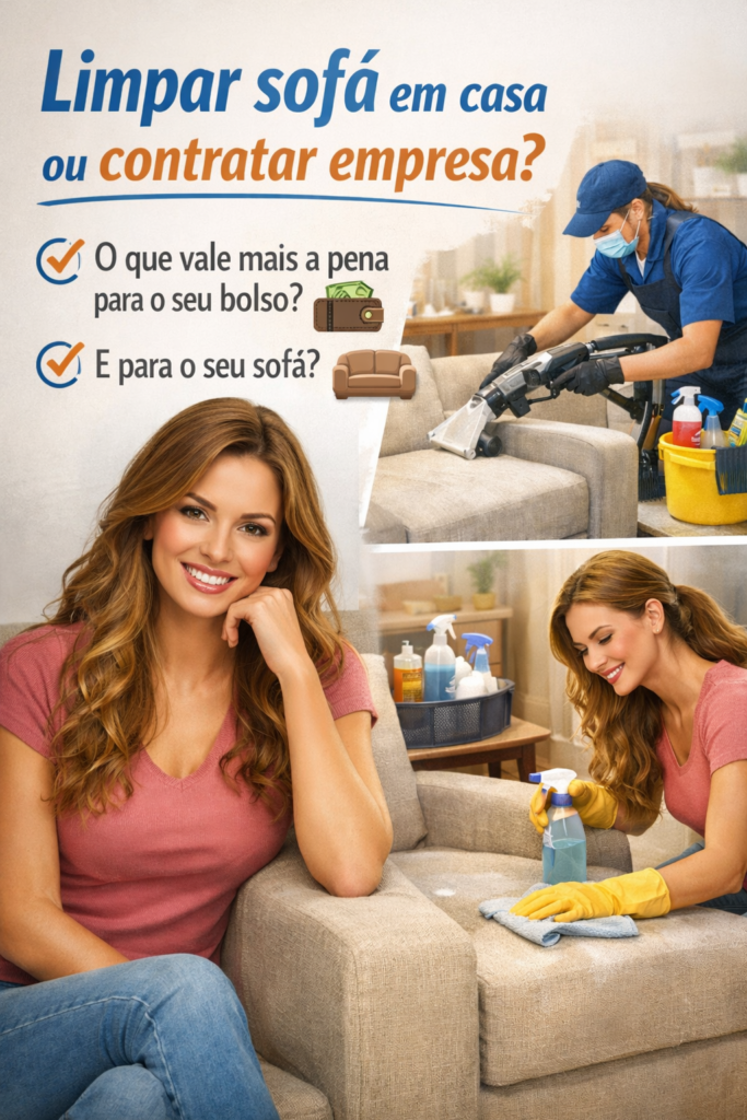 Mulher jovem e muito bonita sentada em um sofá claro e moderno, segurando em uma mão um borrifador de limpeza e na outra um telefone celular, com expressão pensativa, representando a dúvida entre limpar o sofá em casa ou contratar uma empresa profissional de limpeza de estofados em uma sala de estar organizada e bem iluminada.
