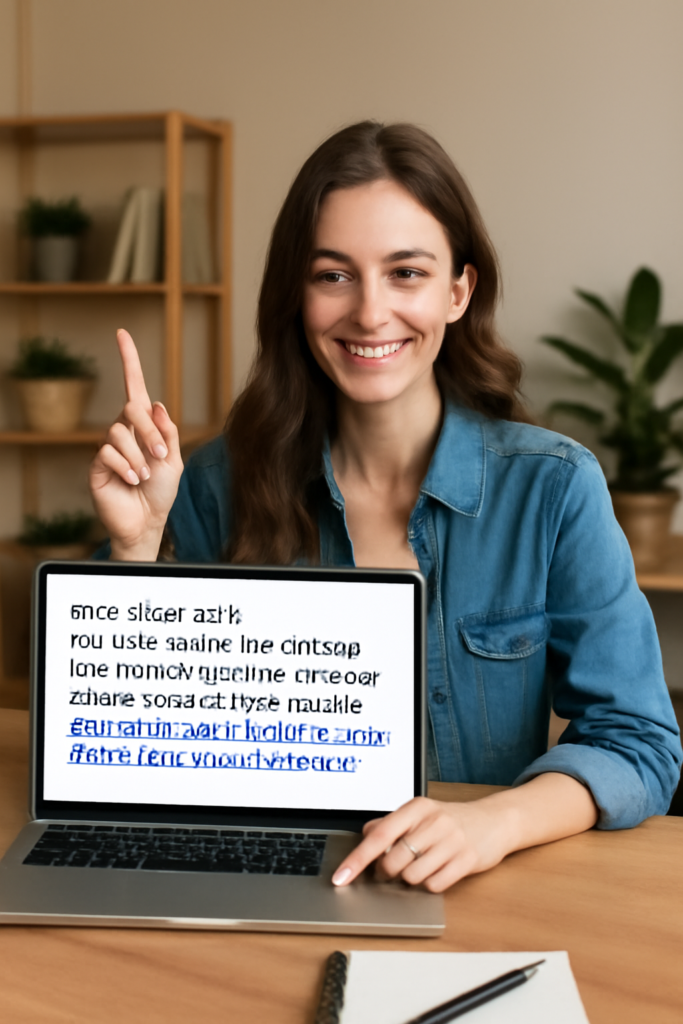 Mulher jovem e bonita sentada em sala de estar moderna, mostrando a tela de seu notebook com informações sobre impermeabilização de sofá, ilustrando o artigo “Impermeabilização de Sofá: Guia Completo para Proteger e Prolongar a Vida do Seu Estofado”.