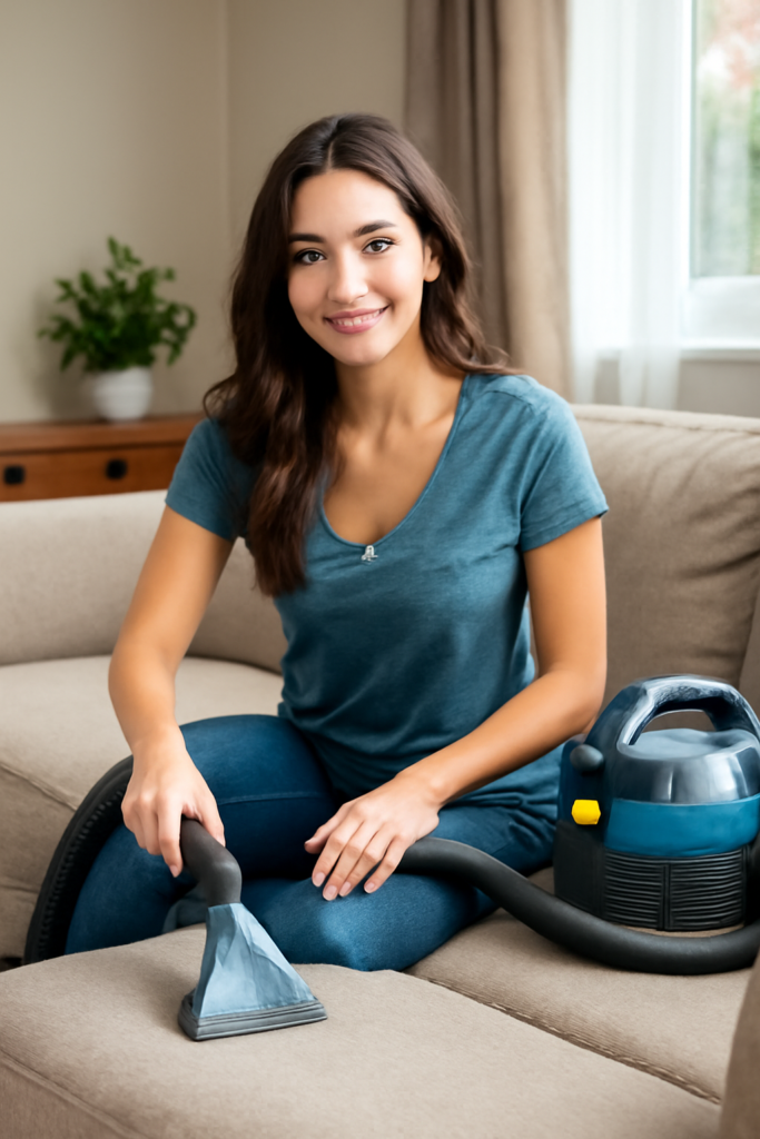 Mulher jovem e bonita usando uma máquina extratora de sujeira para limpar profundamente um sofá claro em uma sala de estar moderna e bem iluminada, ilustrando o uso profissional do equipamento para remover manchas e sujeiras difíceis, em contexto do artigo “O Guia Definitivo da Máquina Extratora de Sujeira: Limpeza Profunda e Eficiência Sem Igual”.