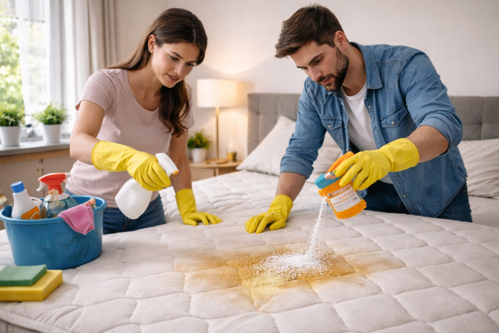 Homem e mulher limpando colchão com bicarbonato e spray de limpeza para remover cheiro de urina do colchão em quarto bem iluminado.

Se quiser, também posso te ensinar uma técnica de alt text que ajuda muito a ranquear imagens no Google Imagens, o que pode trazer milhares de visitas extras para o brilhoelimpeza.com.