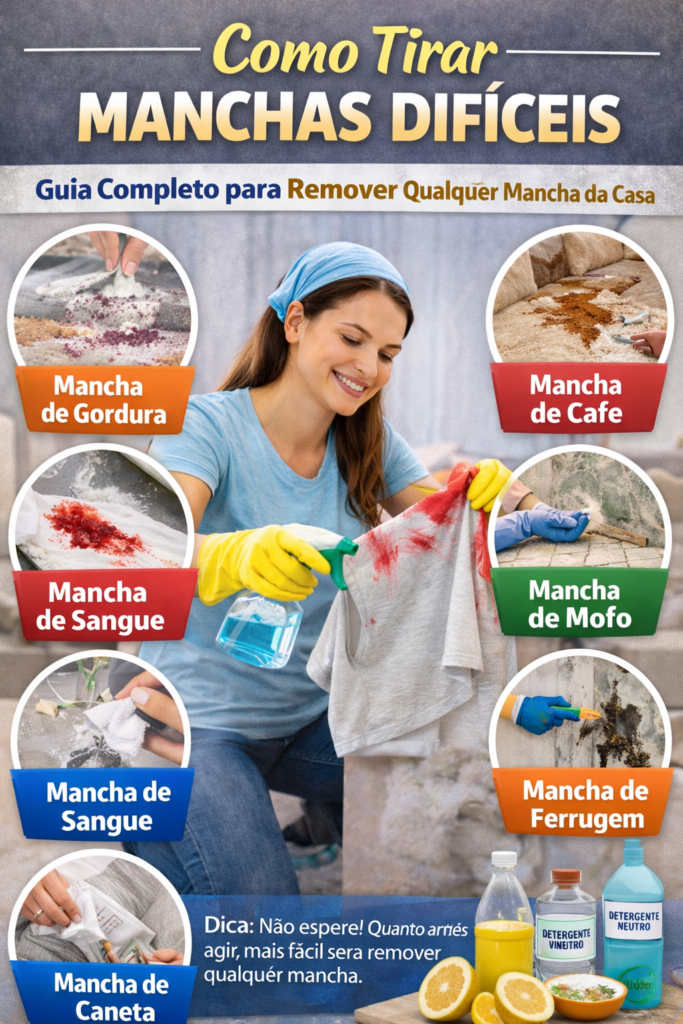 Guia visual de como remover manchas difíceis da casa com dicas para tirar manchas de café, gordura, sangue, mofo e ferrugem.