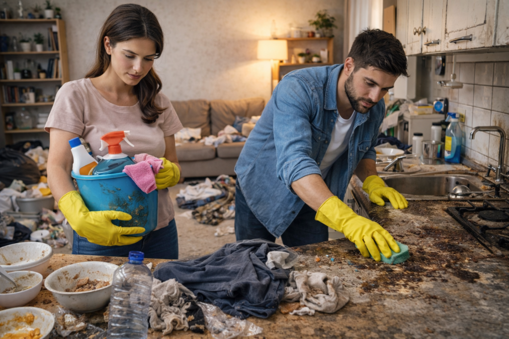 Casal realizando limpeza pesada em uma casa muito suja, limpando bancada da cozinha com produtos de limpeza em um ambiente doméstico realista.