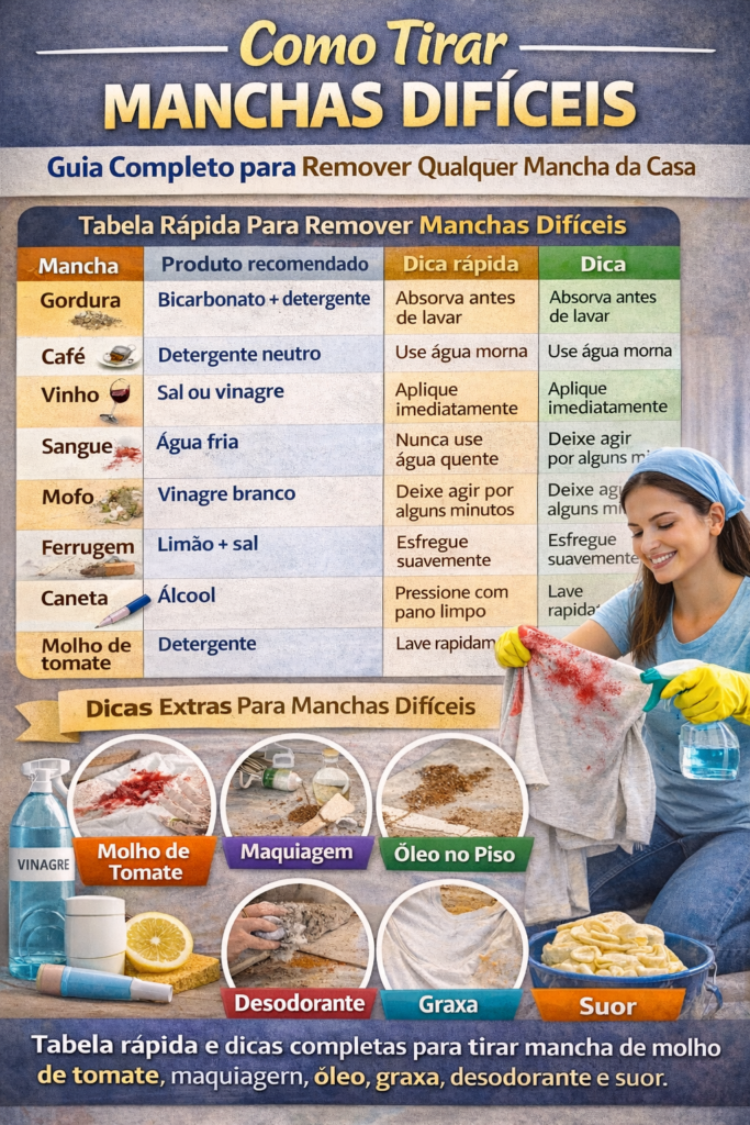 Guia visual mostrando como remover manchas difíceis da casa com tabela de soluções para manchas de gordura, café, vinho, mofo e ferrugem.