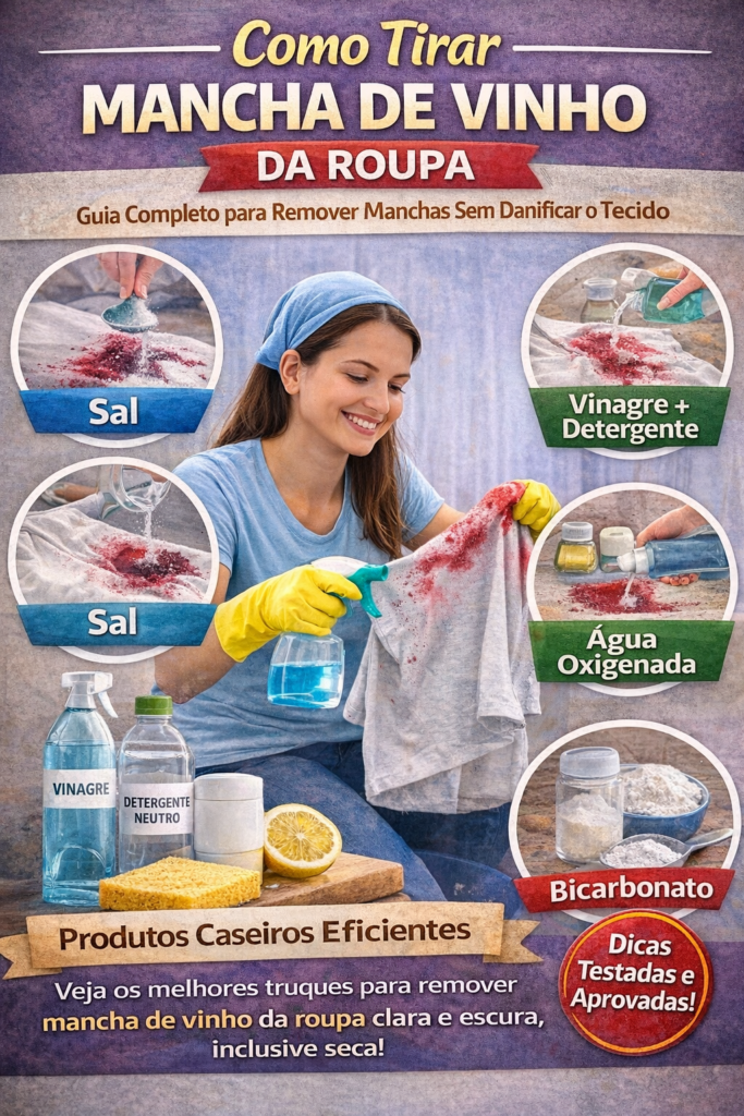 Infográfico mostrando como tirar mancha de vinho da roupa usando métodos caseiros como sal, vinagre com detergente, água oxigenada e bicarbonato, com demonstração prática em uma camiseta manchada.