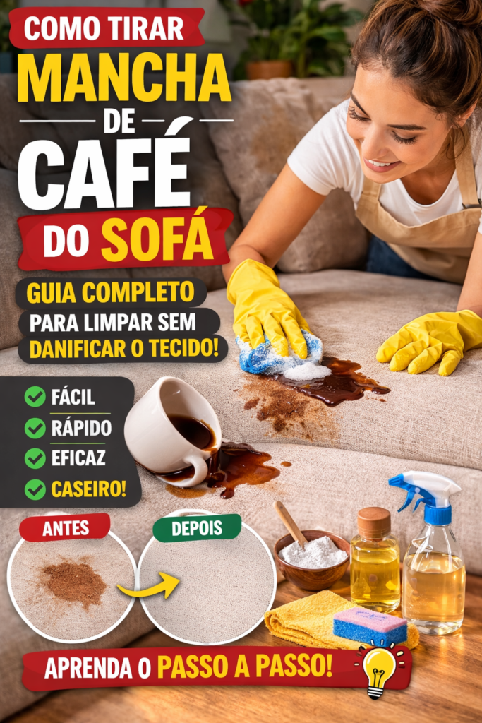 Como tirar mancha de café do sofá com bicarbonato, vinagre e detergente usando método caseiro passo a passo.