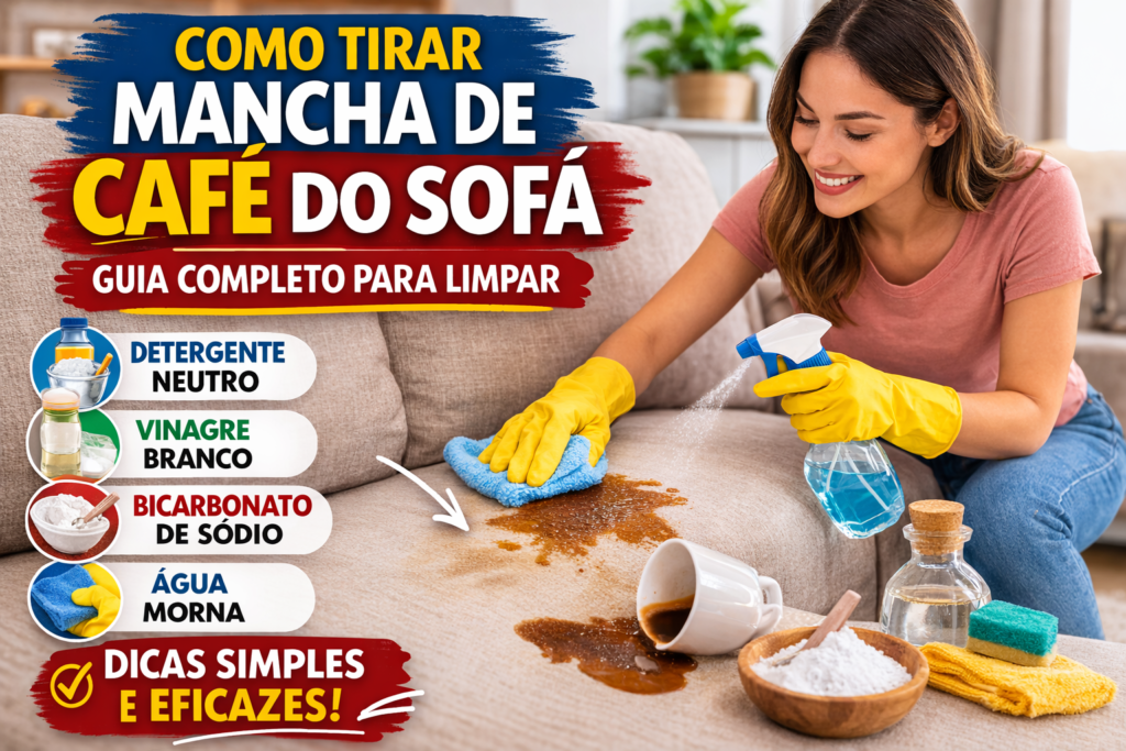 Demonstração de limpeza de mancha de café no sofá com esponja e produtos caseiros para remover manchas do estofado.