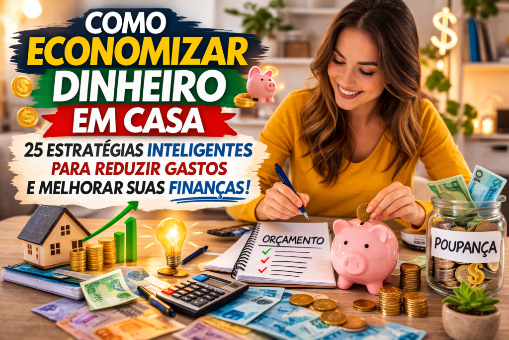 Mulher colocando moeda em cofrinho enquanto segura dinheiro e organiza o orçamento doméstico, ilustrando dicas de como economizar dinheiro em casa e reduzir gastos.