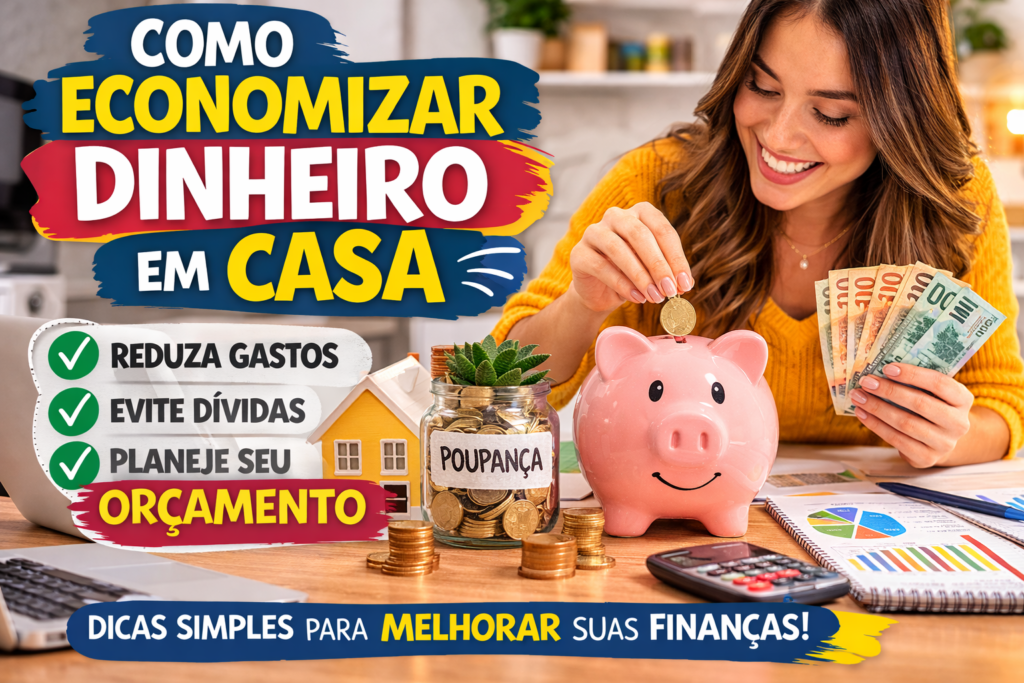 Mulher organizando orçamento doméstico e guardando dinheiro em cofrinho enquanto planeja como economizar dinheiro em casa e reduzir gastos mensais.