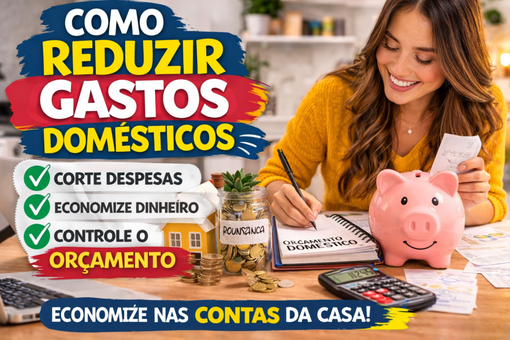 Mulher organizando orçamento doméstico enquanto anota despesas em um caderno ao lado de cofrinho, moedas e calculadora, ilustrando dicas de como reduzir gastos domésticos e economizar dinheiro em casa.