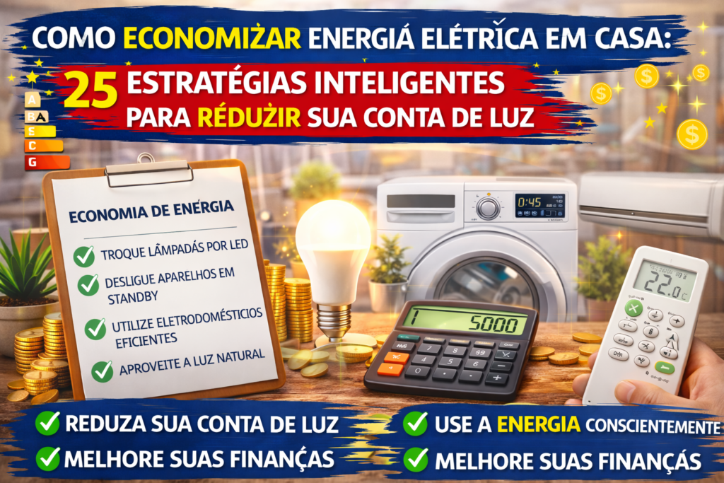 imagem ilustrativa mostrando dicas de como economizar energia elétrica em casa com lâmpada led, eletrodomésticos eficientes, calculadora e controle de ar-condicionado, representando estratégias para reduzir a conta de luz e melhorar as finanças domésticas