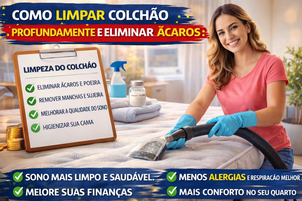 mulher limpando colchão com aspirador de pó em quarto iluminado enquanto realiza higienização profunda para eliminar ácaros, poeira e manchas, representando técnicas de como limpar colchão e melhorar a qualidade do sono