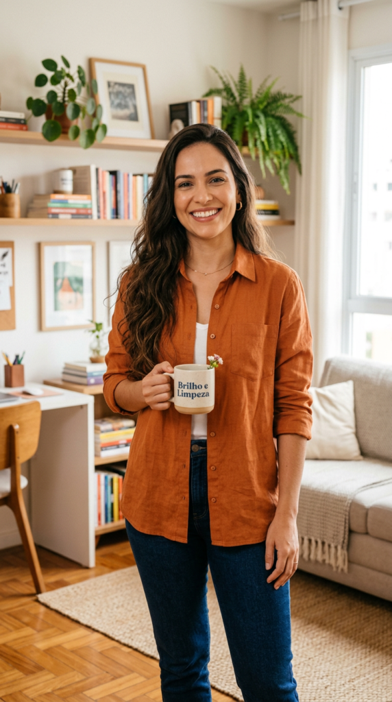 Mulher em ambiente doméstico organizado, de camisa laranja e jeans, segurando uma caneca escrita “Brilho e Limpeza” em uma sala clara com estante de livros, plantas e mesa de trabalho ao fundo.