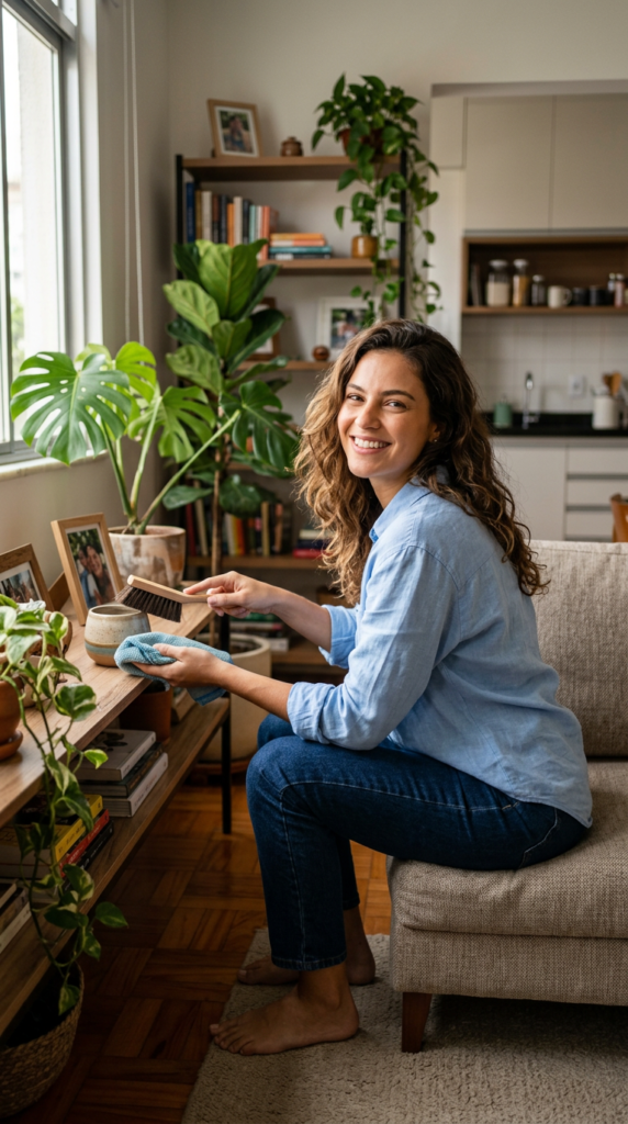 Mulher jovem muito bonita em uma sala de estar moderna e iluminada por luz natural, segurando um pano de limpeza e um borrifador, com sofá claro, plantas e superfícies organizadas ao redor, transmitindo sensação de casa limpa, brilhando e bem cuidada.