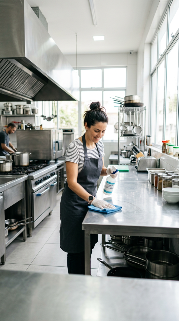 Mulher jovem muito bonita em uma cozinha moderna e bem iluminada por luz natural, limpando o balcão com um pano enquanto sorri, com pia organizada, utensílios alinhados e superfícies brilhando, representando a rotina diária de limpeza para manter a casa sempre limpa e fresca.