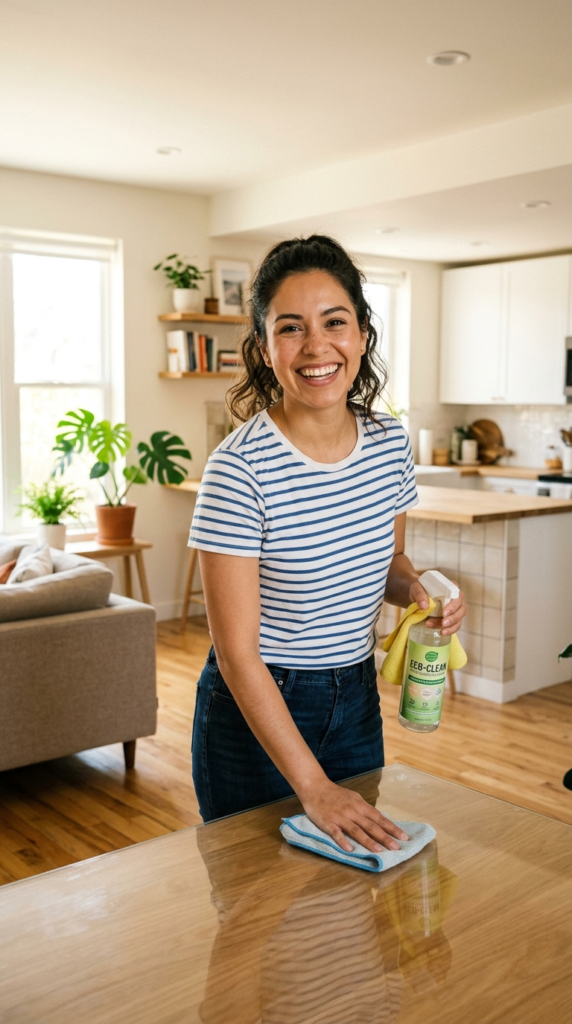 Mulher jovem muito bonita em uma sala de estar moderna e realista, usando luvas de limpeza e segurando um borrifador enquanto passa um pano em uma superfície, com sofá claro, tapete organizado e luz natural entrando pela janela, transmitindo sensação de casa limpa, brilhando e bem cuidada.