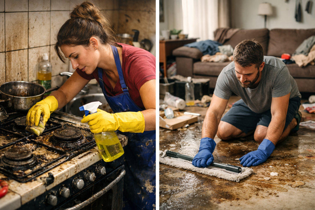 Mulher fazendo limpeza pesada em fogão muito engordurado na cozinha, usando luvas e esponja para remover sujeira acumulada durante faxina profunda na casa.
Homem limpando piso muito sujo da sala com esfregão durante faxina pesada, mostrando processo de limpeza profunda em casa muito suja.