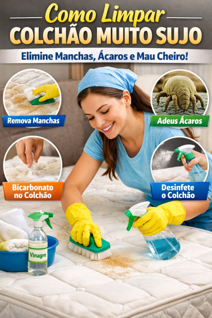 Mulher fazendo limpeza profunda em colchão muito sujo usando escova, bicarbonato e vinagre para remover manchas, eliminar ácaros e tirar mau cheiro do colchão.