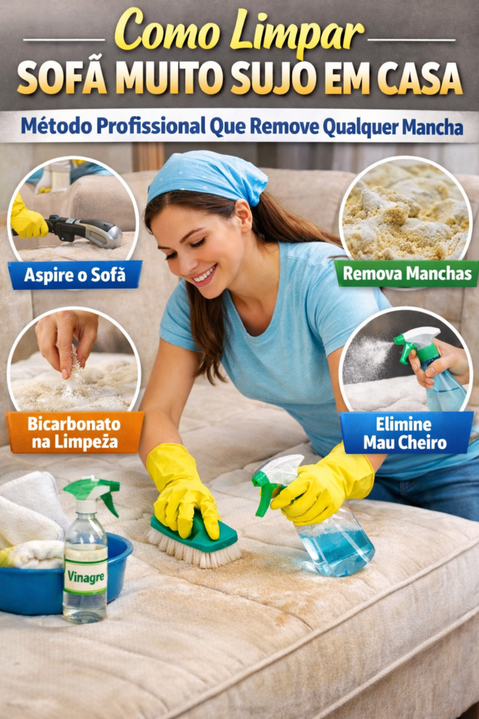 Mulher limpando sofá muito sujo em casa usando escova, bicarbonato e vinagre para remover manchas e eliminar mau cheiro do estofado.