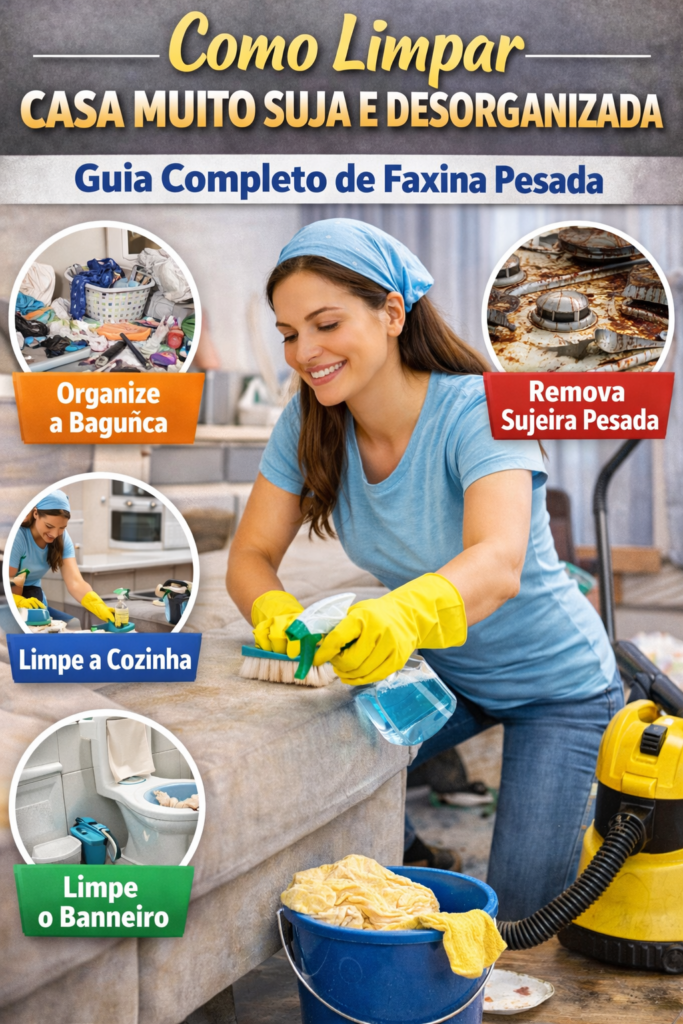 Faxina pesada em casa muito suja e desorganizada com mulher limpando móveis, organizando bagunça e realizando limpeza profunda.