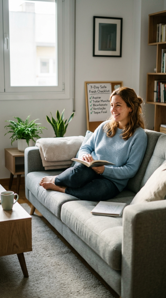Mulher jovem muito bonita, com aparência humana realista, sorrindo enquanto aspira e limpa um sofá em uma sala moderna, clara e organizada, transmitindo a ideia de desafio de 7 dias para deixar o estofado cheiroso, livre de ácaros e com a casa mais limpa e acolhedora.