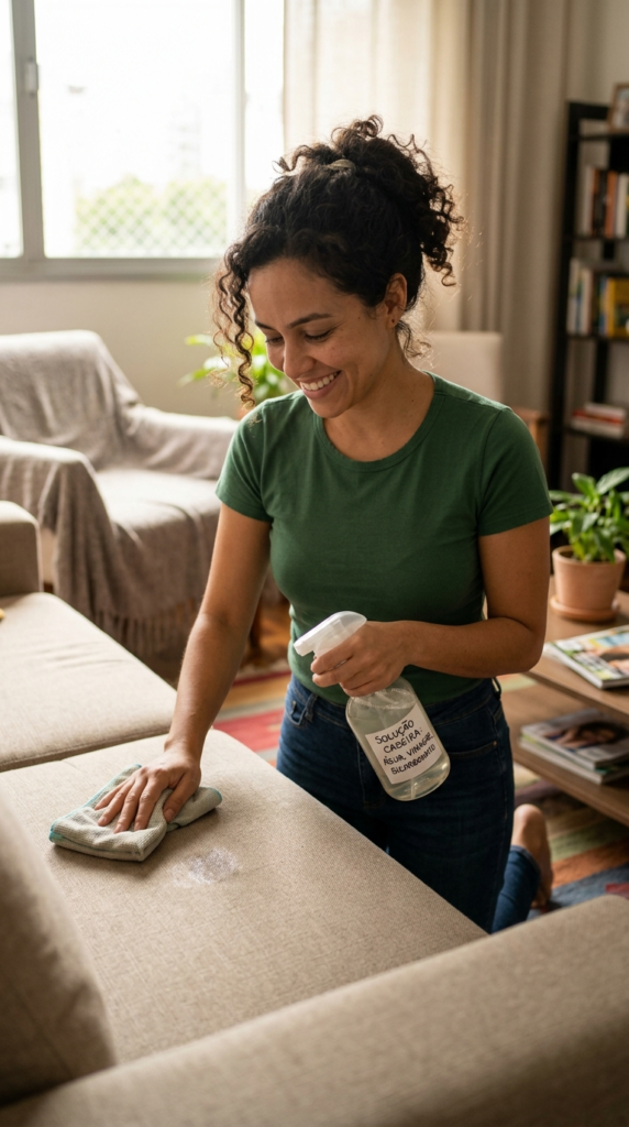 Mulher jovem muito bonita, com aparência natural e traços humanos realistas, sorrindo enquanto realiza a limpeza de um sofá em uma sala bem iluminada, organizada e aconchegante, transmitindo sensação de casa limpa, confortável e saudável.