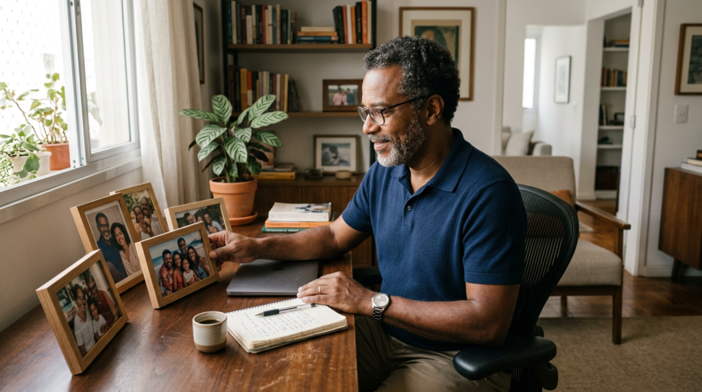 Fotografia realista de um homem brasileiro de meia-idade sentado em um home office, observando fotos da família sobre a mesa. Luz natural suave de janela. Atmosfera de planejamento financeiro, responsabilidade e paz de espírito. Tons terrosos e quentes. Transmite proteção familiar e segurança financeira.