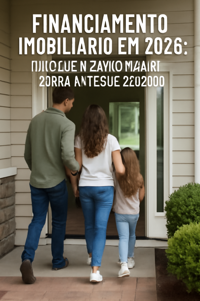 Família brasileira feliz segurando a chave do novo imóvel financiado na frente de casa"