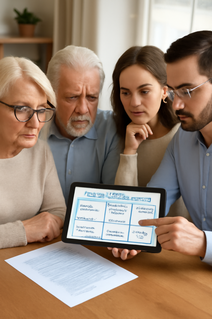 Família e idosos analisando opções de planos de saúde em tablet, com foco em escolha e custo-benefício