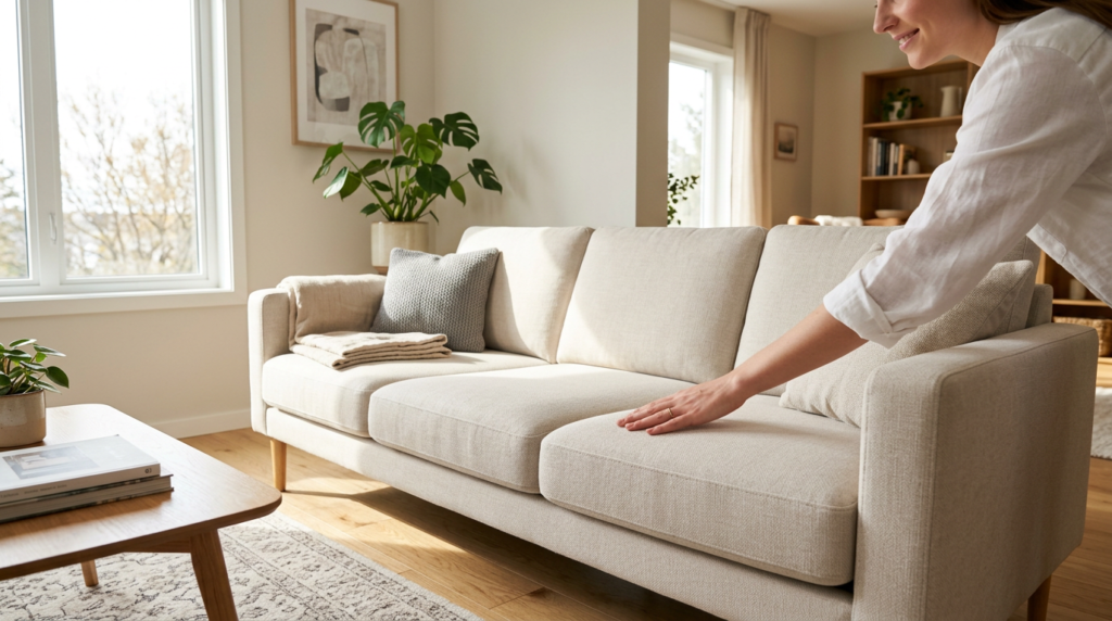 Sofá claro impecável após limpeza profunda, com mão tocando o tecido limpo em sala iluminada por luz natural — resultado final.