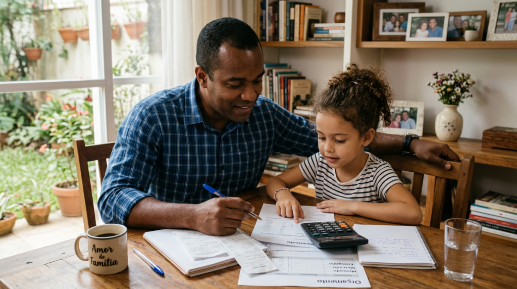 Pai e filha pequena sentados à mesa de madeira em casa iluminada por luz natural, analisando papéis e calculadora, transmitindo planejamento financeiro familiar com afeto e responsabilidade.