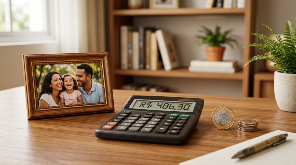 Mesa de madeira com calculadora exibindo R$ 486,30, moeda brasileira e porta-retratos familiar, representando o cálculo de pensão alimentícia em 2026.