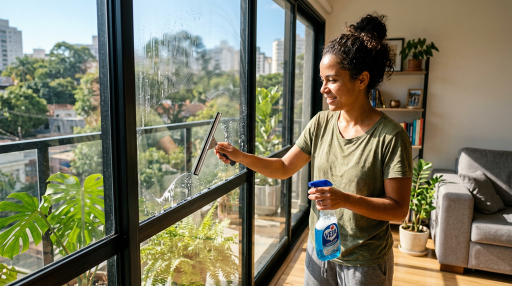  Mulher brasileira realista limpando janela de vidro em sala iluminada por luz natural, com borrifador e rodo, mostrando o contraste entre a área limpa e a suja.