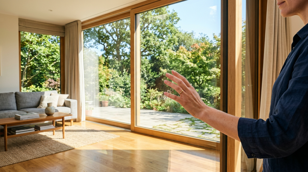Vidro perfeitamente limpo e transparente em sala iluminada por luz natural, com mão tocando a superfície cristalina e árvores verdes visíveis através da janela — resultado final impecável.