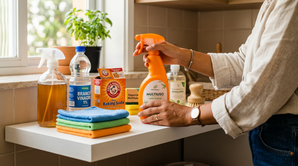 Mãos organizando produtos de limpeza caseiros em prateleira: borrifadores, vinagre, bicarbonato, panos de microfibra — kit de limpeza completo e acessível para o lar"