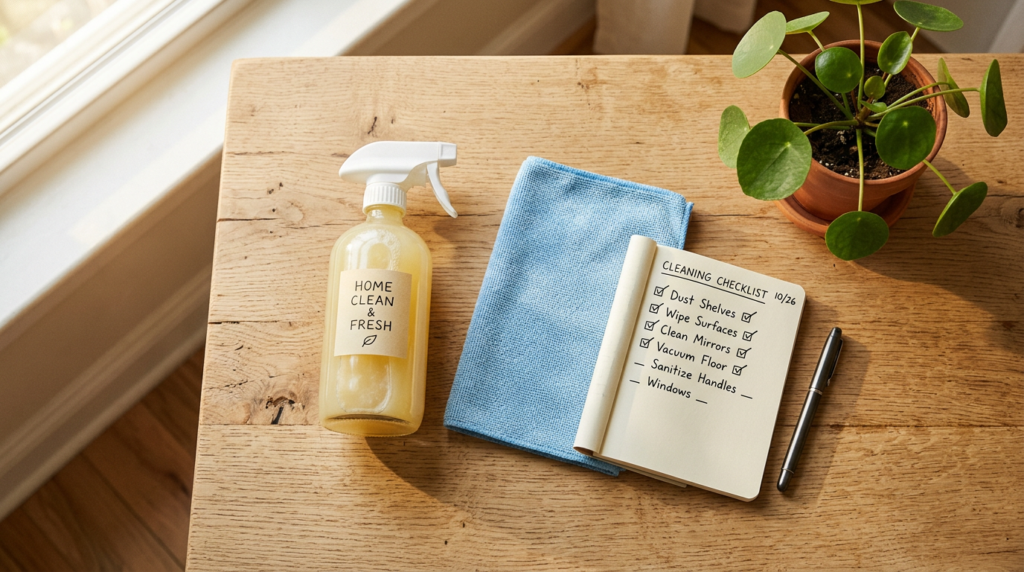 Fotografia realista em ângulo superior (flat-lay) de uma estação de limpeza sobre uma mesa de madeira. Itens organizados: borrifador com solução caseira, pano de microfibra, um caderno aberto com um checklist escrito à mão, uma planta verde e uma caneta. Luz natural da manhã ilumina a cena lateralmente, projetando sombras suaves. A imagem transmite organização, eficiência e a satisfação de marcar tarefas concluídas. Tons neutros e quentes, estética aspiracional e acolhedora.