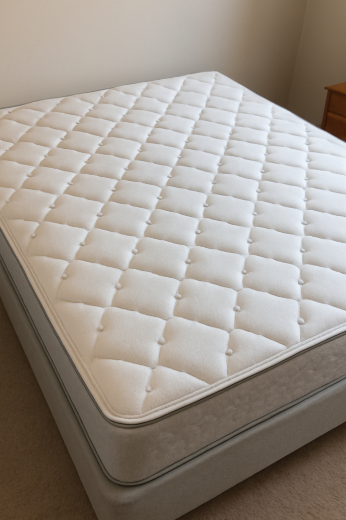 "Colchão de casal limpo e sem roupa de cama, com a superfície acolchoada visível, pronto para o processo de limpeza."