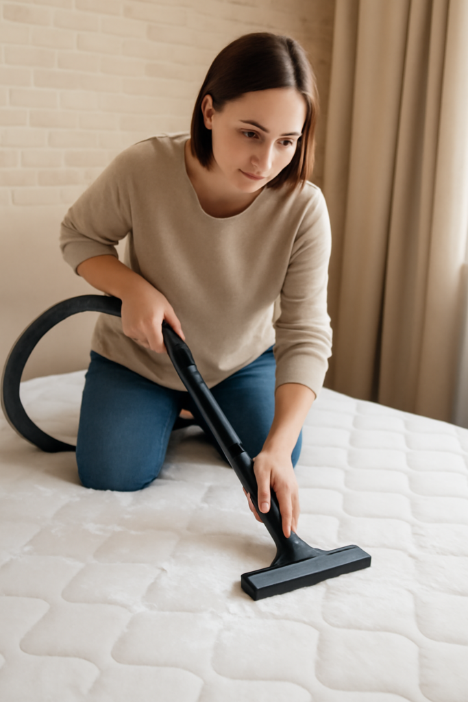 Pessoa organizando a cama e limpando um colchão claro em um quarto arejado, com destaque para a ideia de limpeza com bicarbonato de sódio para um sono mais saudável.”