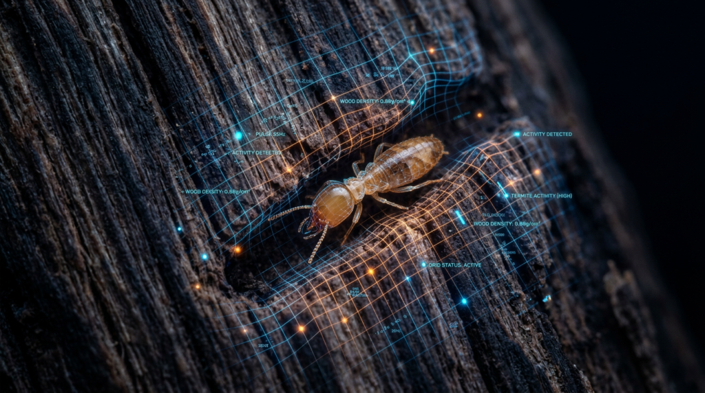 Cupim em close-up macro sobre madeira com scan digital de detecção de pragas exibindo dados de densidade da madeira e alerta de infestação ativa, grid holográfico azul e laranja, tecnologia avançada para controle de cupins e descupinização profissional.