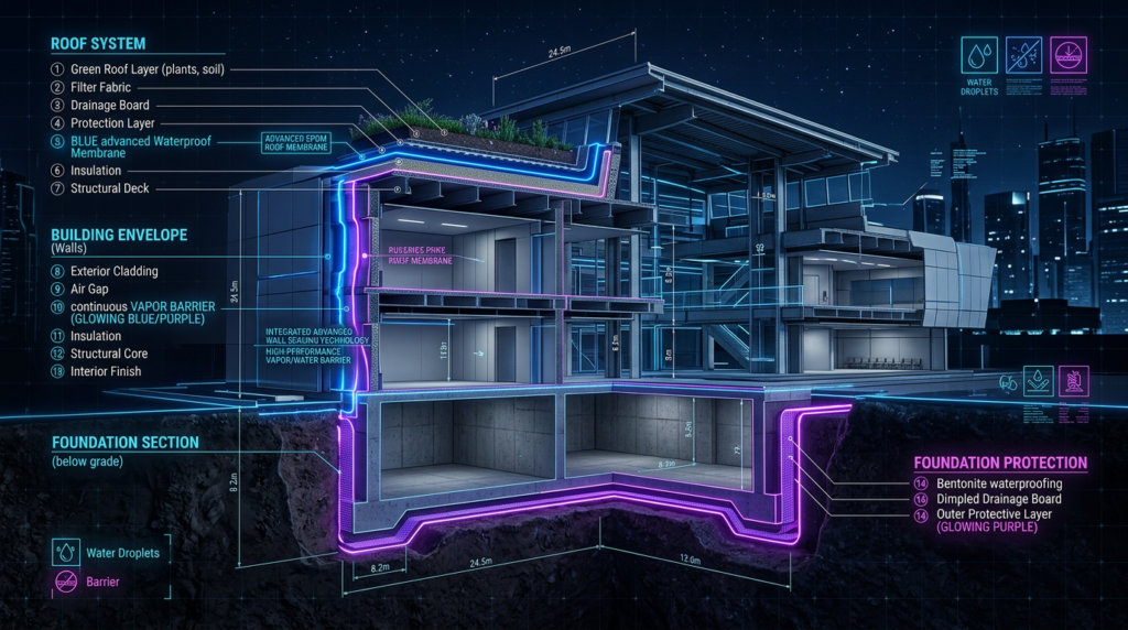 Corte transversal de construção com camadas de impermeabilização em azul e roxo mostrando proteção de fundação, membrana de telhado, selamento de parede e sobreposição digital técnica com blueprint holográfico