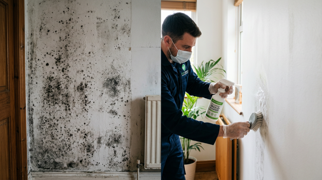 Parede sendo limpa com borrifador de água sanitária contra mofo, efeito antes e depois com metade escura com manchas de bolor e metade limpa e branca, limpeza profissional de parede com mofo, técnica de remoção de fungos com cloro ativo
