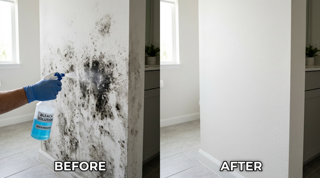 Parede com mofo sendo limpa com água sanitária — efeito antes e depois mostrando a eficácia do método.
