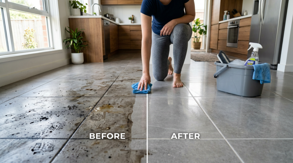 Interior de casa com piso cerâmico encardido sendo limpo, efeito antes e depois com metade escura e suja e metade brilhante e limpa, pano de limpeza e balde ao lado, ambiente claro e higienizado.