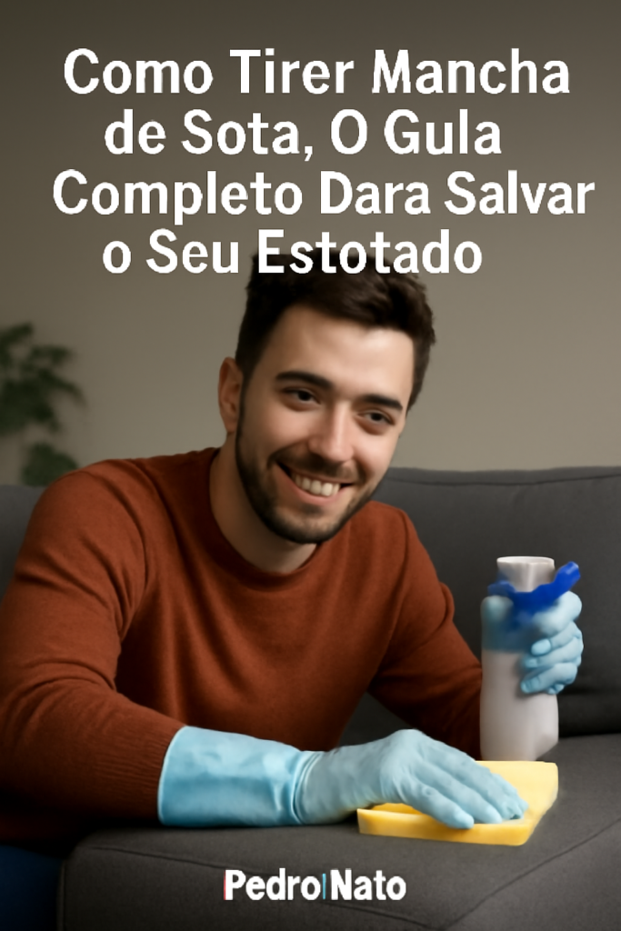 Uma homem sorridente e elegante, com um pano na mão, limpando uma pequena mancha em um sofá claro, em um ambiente doméstico iluminado e aconchegante.
