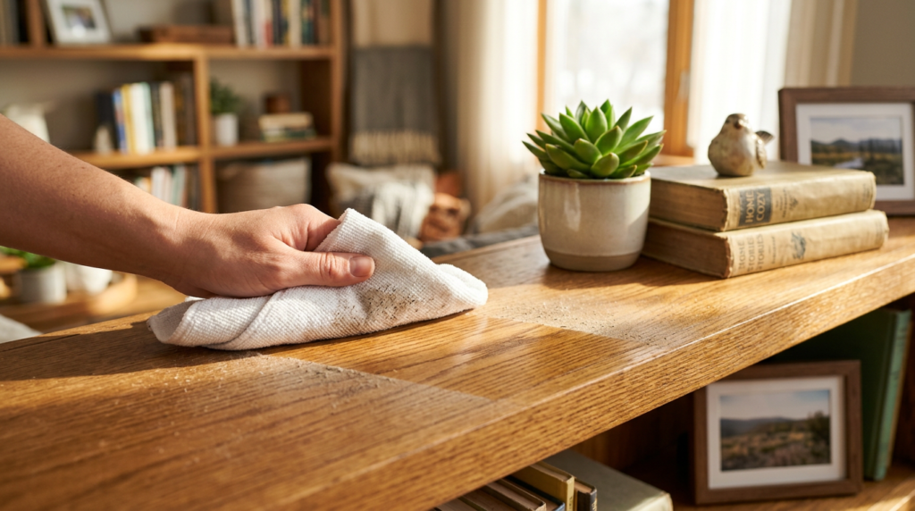 Fechamento realista de um pano de microfibra levemente úmido sendo usado para limpar delicadamente o pó de uma prateleira de madeira com objetos decorativos e uma planta. Luz natural aquecendo a cena. A imagem mostra a forma correta de tirar poeira: com pano úmido que retém as partículas, ao contrário do pano seco que apenas espalha a sujeira.