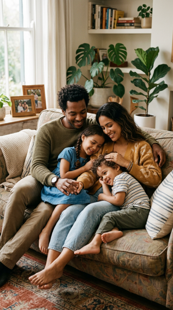 Fotografia realista e emocional de uma família jovem — pai, mãe e duas crianças — sentados em um sofá confortável em uma sala de estar aconchegante. Os pais seguram as mãos e olham para os filhos com amor e proteção. Luz natural suave de janela cria uma atmosfera de paz, segurança e cuidado. Imagem aspiracional com tons quentes, transmitindo proteção familiar e tranquilidade.