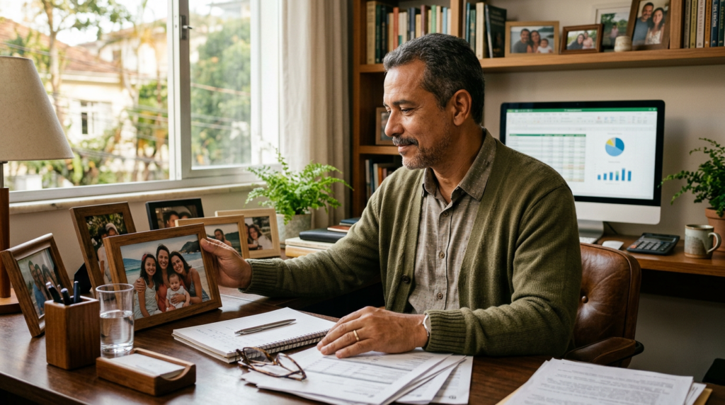 Fotografia realista e emocional de um homem de meia-idade sentado em um home office, observando fotos da família sobre a mesa. Luz natural suave de janela. Transmite responsabilidade, planejamento financeiro e paz de espírito. Tons quentes, estilo fotográfico de alta qualidade.